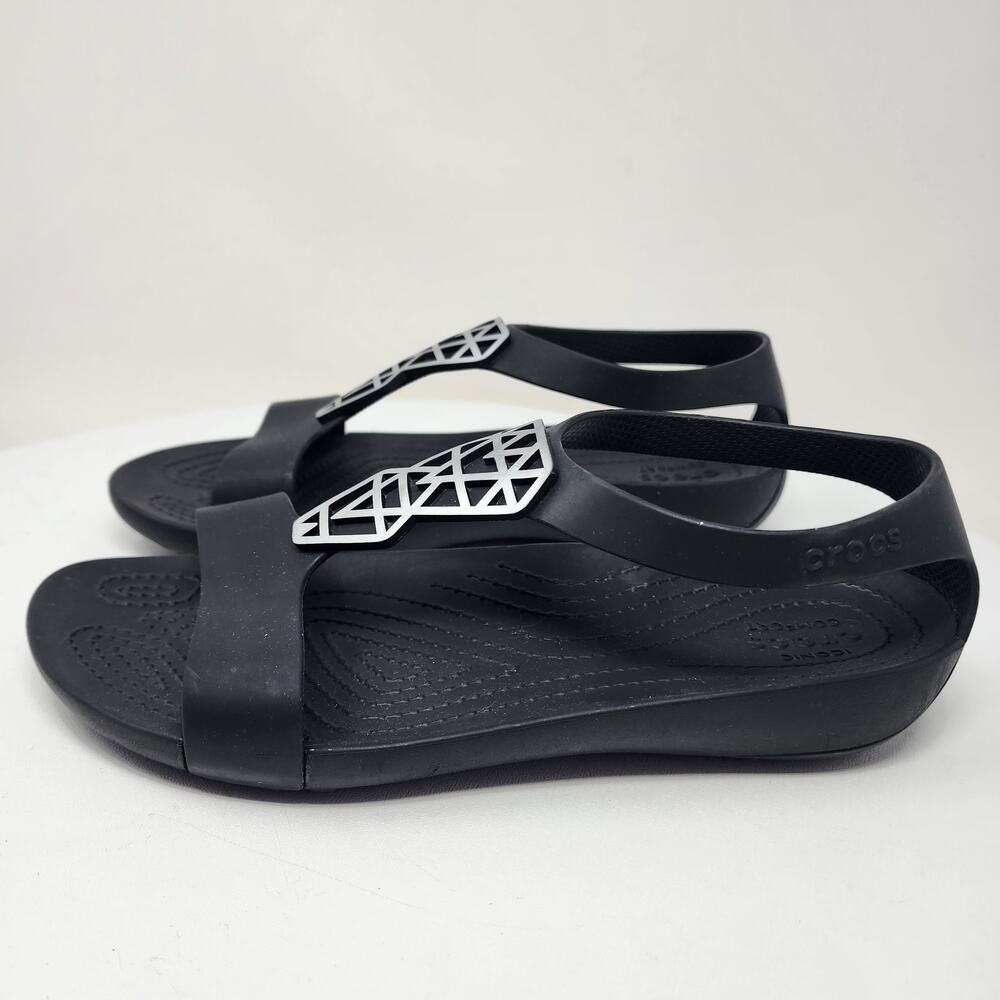 Crocs Serena Sexi Sandals Women 7 Black with Silver Diamond T-Strap Comfort - Picture 6 of 12